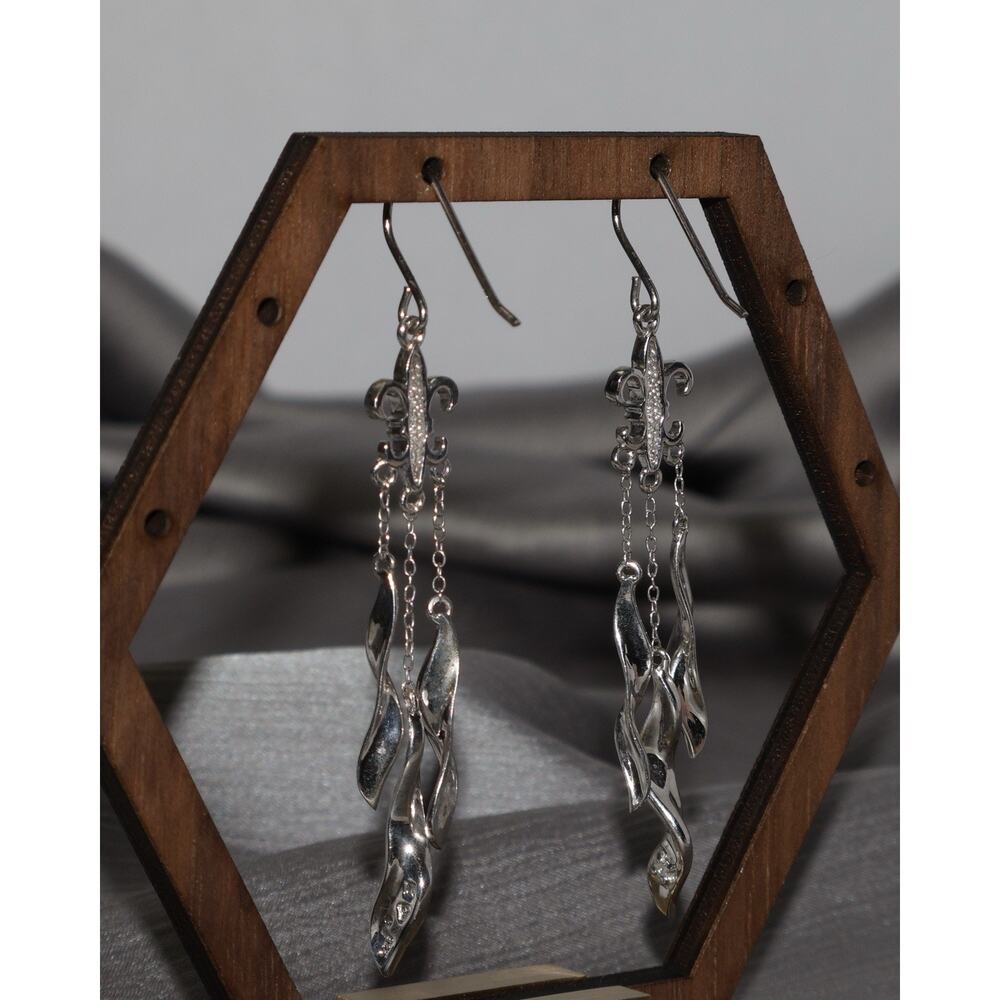 Vintage Sterling Silver Fleur De Lis Dangle Earrings 6.5G / 2.7in - Picture 2 of 3